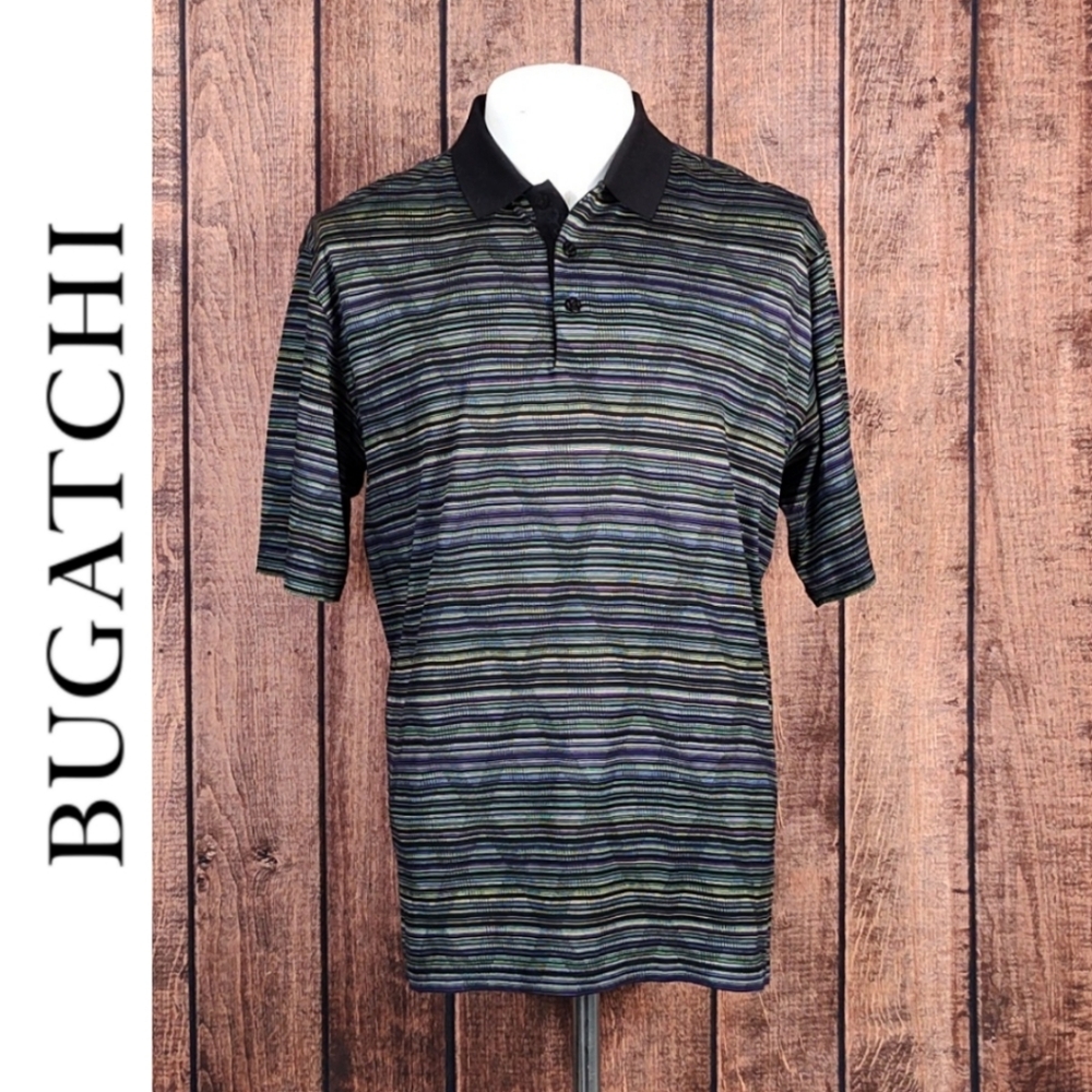 Bugatchi Multi Color Knit Diamond Pattern Mens Three Button Polo Like New